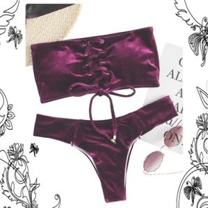 🆕️👙Velvet Laced Up Bandeau Bikini in Burgundy👙